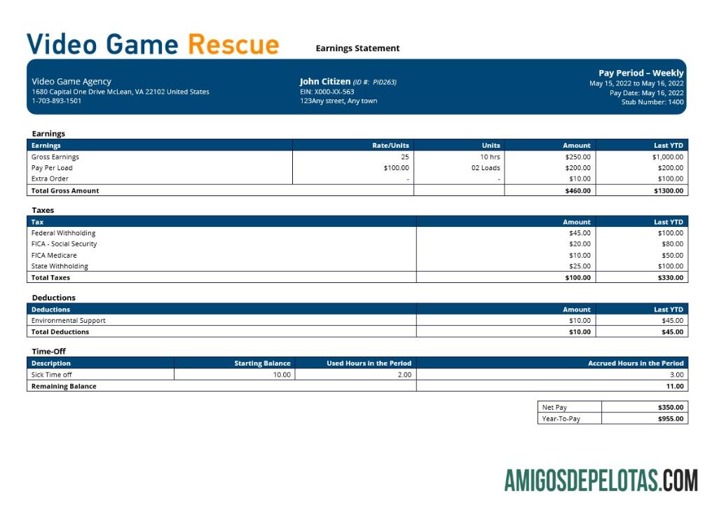 Realista Modelo de contracheque de empresa de videogame em formatos Word e PDF